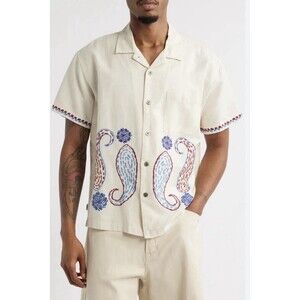 Embroidered Short Sleeve Linen Blend Cabana Shirt Men’s Size XL